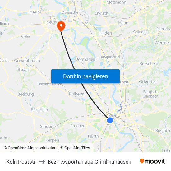 Köln Poststr. to Bezirkssportanlage Grimlinghausen map