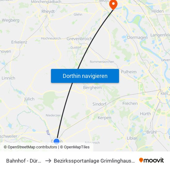 Bahnhof - Düren to Bezirkssportanlage Grimlinghausen map