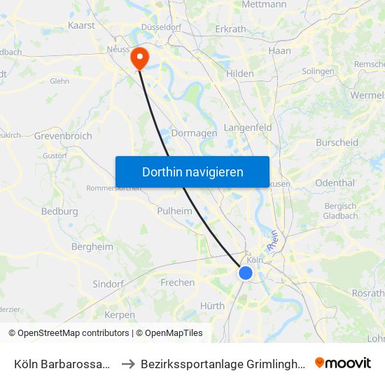 Köln Barbarossaplatz to Bezirkssportanlage Grimlinghausen map