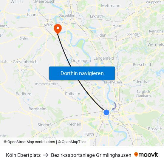 Köln Ebertplatz to Bezirkssportanlage Grimlinghausen map