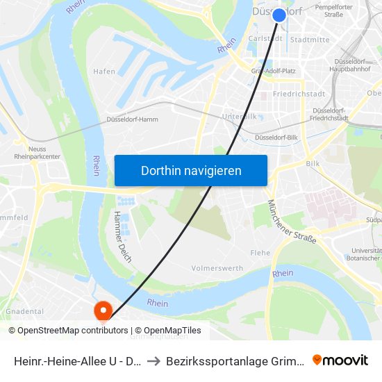 Heinr.-Heine-Allee U - Düsseldorf to Bezirkssportanlage Grimlinghausen map