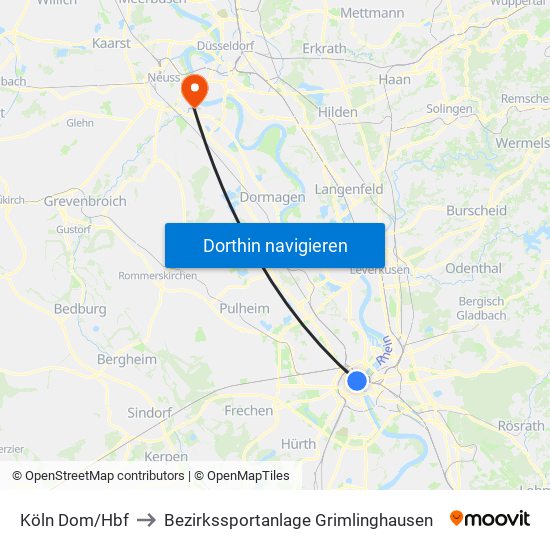 Köln Dom/Hbf to Bezirkssportanlage Grimlinghausen map