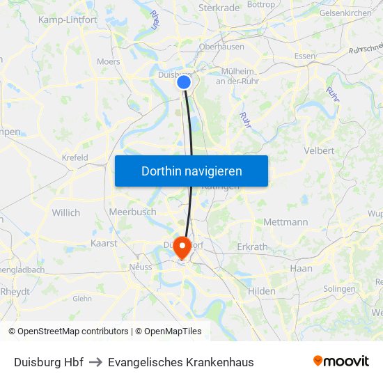 Duisburg Hbf to Evangelisches Krankenhaus map