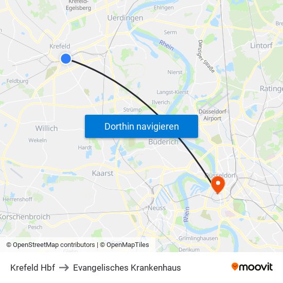 Krefeld Hbf to Evangelisches Krankenhaus map
