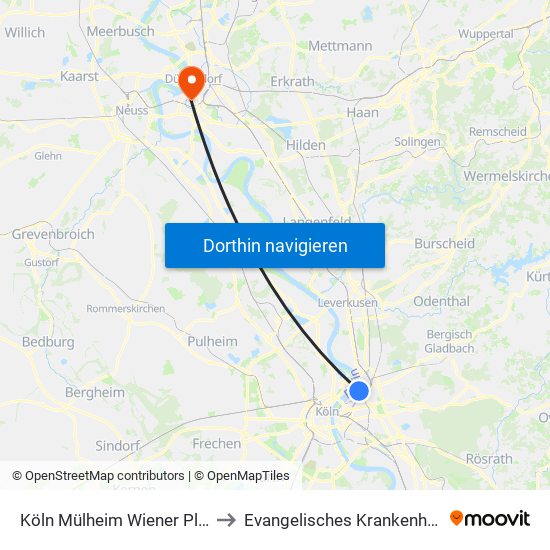 Köln Mülheim Wiener Platz to Evangelisches Krankenhaus map