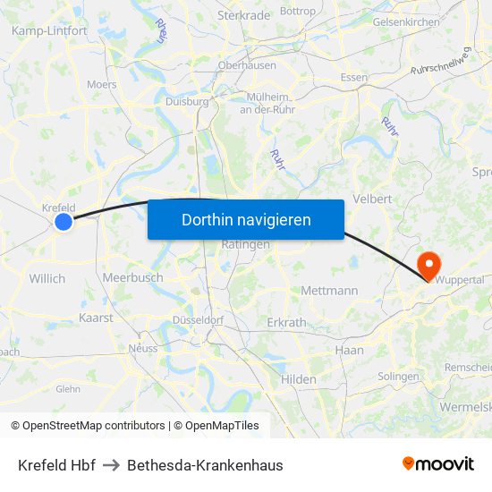 Krefeld Hbf to Bethesda-Krankenhaus map