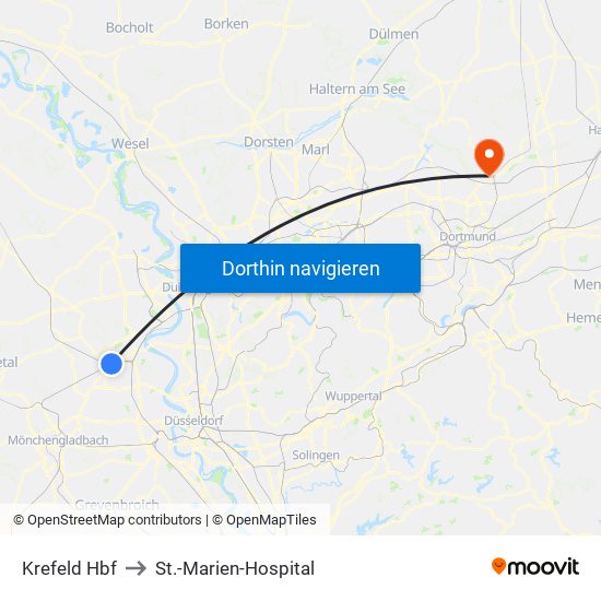 Krefeld Hbf to St.-Marien-Hospital map