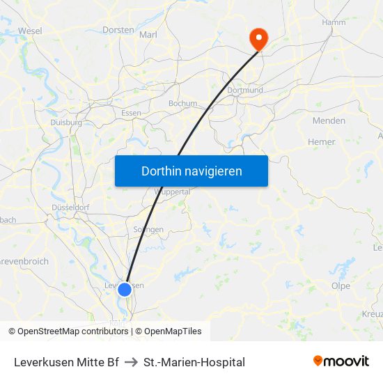 Leverkusen Mitte Bf to St.-Marien-Hospital map