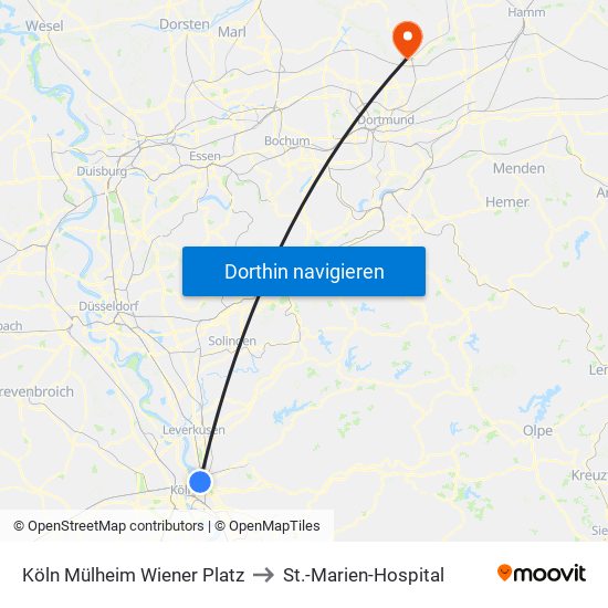 Köln Mülheim Wiener Platz to St.-Marien-Hospital map