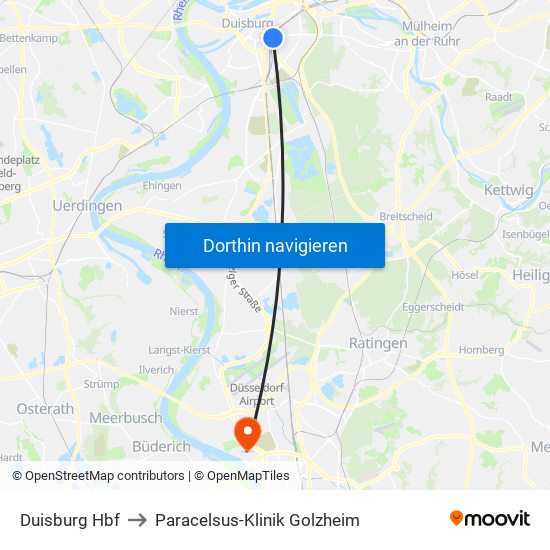 Duisburg Hbf to Paracelsus-Klinik Golzheim map