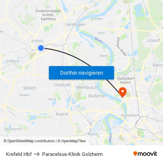 Krefeld Hbf to Paracelsus-Klinik Golzheim map