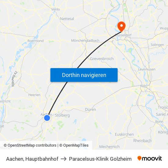 Aachen, Hauptbahnhof to Paracelsus-Klinik Golzheim map