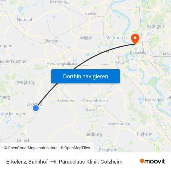 Erkelenz, Bahnhof to Paracelsus-Klinik Golzheim map