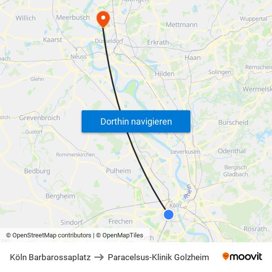 Köln Barbarossaplatz to Paracelsus-Klinik Golzheim map