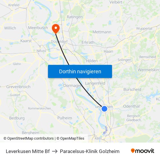 Leverkusen Mitte Bf to Paracelsus-Klinik Golzheim map