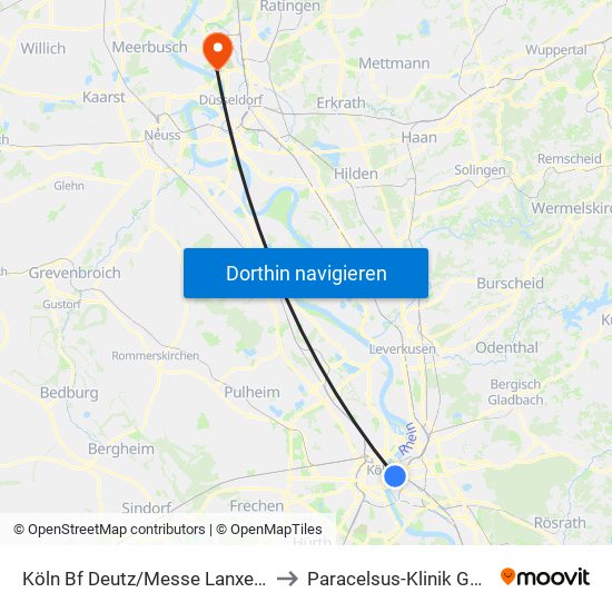 Köln Bf Deutz/Messe Lanxess Arena to Paracelsus-Klinik Golzheim map