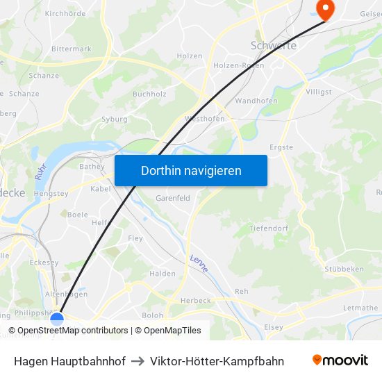 Hagen Hauptbahnhof to Viktor-Hötter-Kampfbahn map