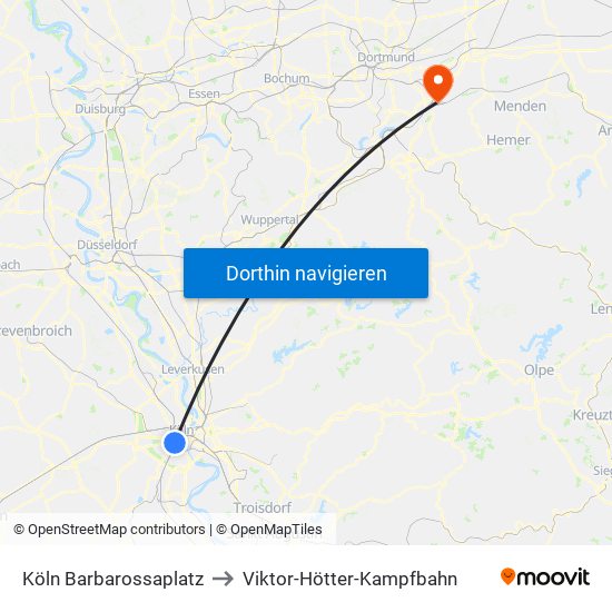 Köln Barbarossaplatz to Viktor-Hötter-Kampfbahn map