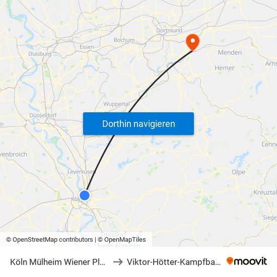 Köln Mülheim Wiener Platz to Viktor-Hötter-Kampfbahn map