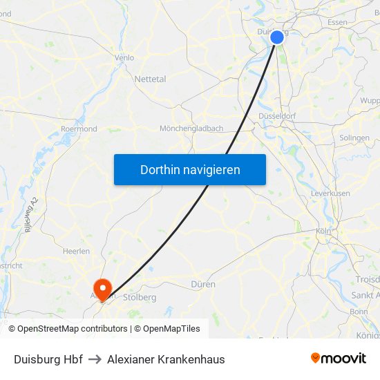 Duisburg Hbf to Alexianer Krankenhaus map