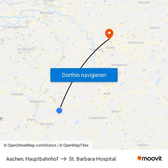 Aachen, Hauptbahnhof to St. Barbara-Hospital map