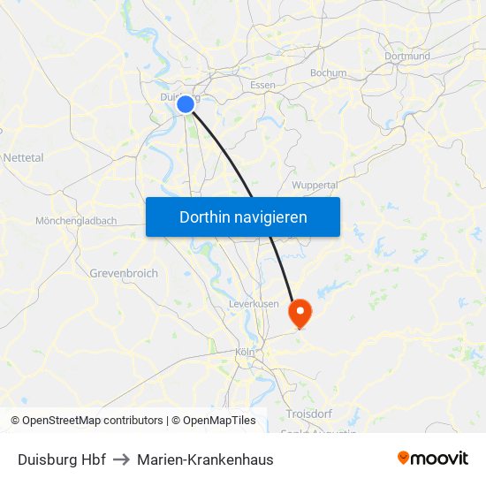 Duisburg Hbf to Marien-Krankenhaus map