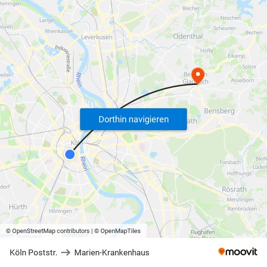 Köln Poststr. to Marien-Krankenhaus map