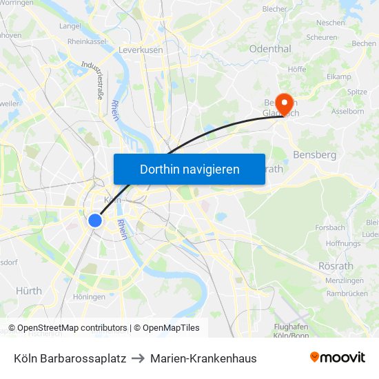 Köln Barbarossaplatz to Marien-Krankenhaus map