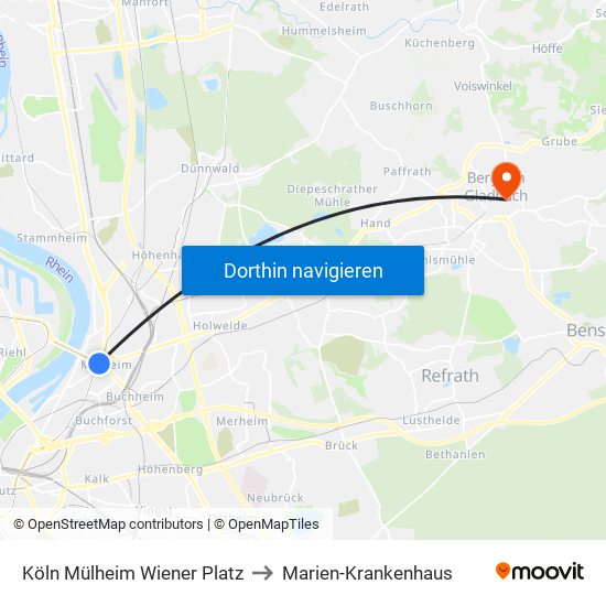 Köln Mülheim Wiener Platz to Marien-Krankenhaus map