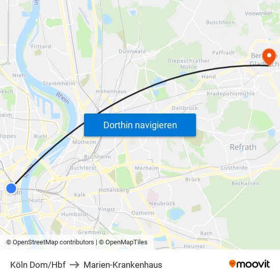 Köln Dom/Hbf to Marien-Krankenhaus map