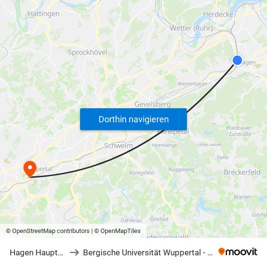 Hagen Hauptbahnhof to Bergische Universität Wuppertal - Campus Haspel map