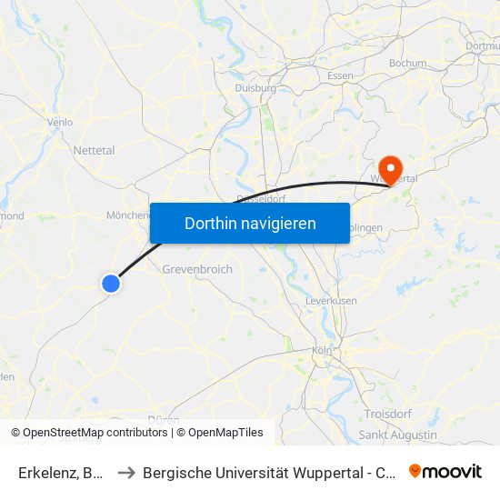 Erkelenz, Bahnhof to Bergische Universität Wuppertal - Campus Haspel map