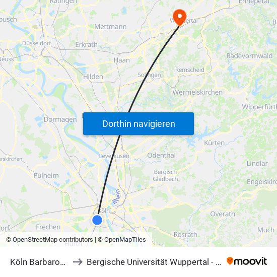 Köln Barbarossaplatz to Bergische Universität Wuppertal - Campus Haspel map