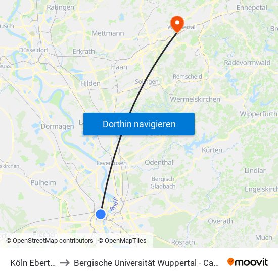 Köln Ebertplatz to Bergische Universität Wuppertal - Campus Haspel map