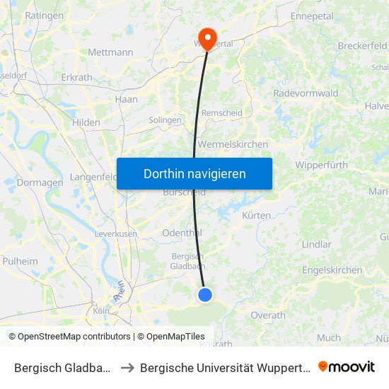 Bergisch Gladbach Bensberg to Bergische Universität Wuppertal - Campus Haspel map