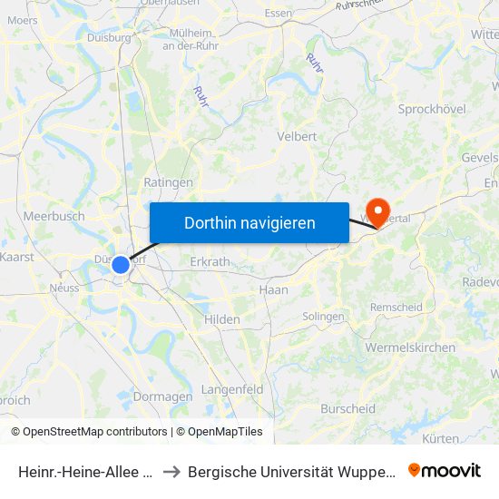Heinr.-Heine-Allee U - Düsseldorf to Bergische Universität Wuppertal - Campus Haspel map