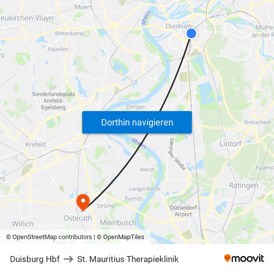 Duisburg Hbf to St. Mauritius Therapieklinik map