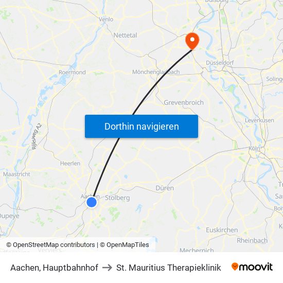Aachen, Hauptbahnhof to St. Mauritius Therapieklinik map