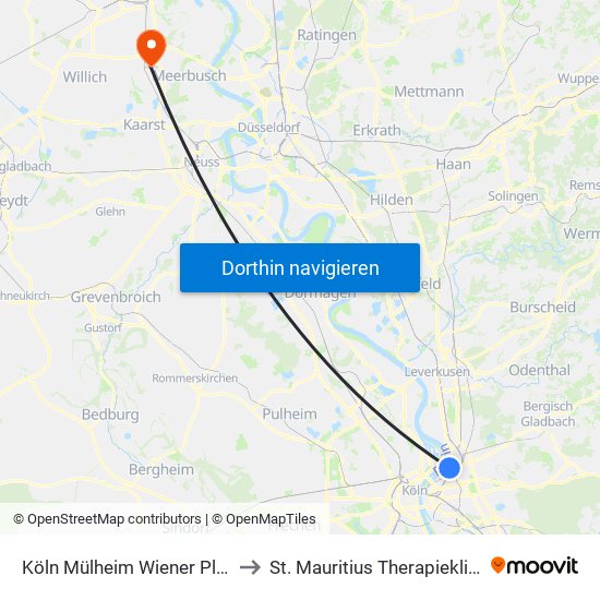 Köln Mülheim Wiener Platz to St. Mauritius Therapieklinik map