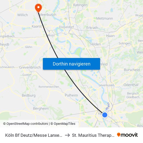 Köln Bf Deutz/Messe Lanxess Arena to St. Mauritius Therapieklinik map