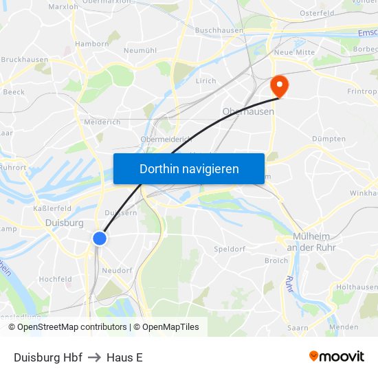 Duisburg Hbf to Haus E map