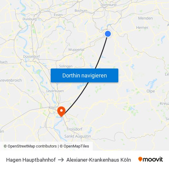 Hagen Hauptbahnhof to Alexianer-Krankenhaus Köln map