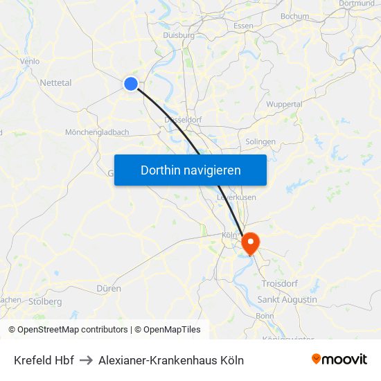 Krefeld Hbf to Alexianer-Krankenhaus Köln map