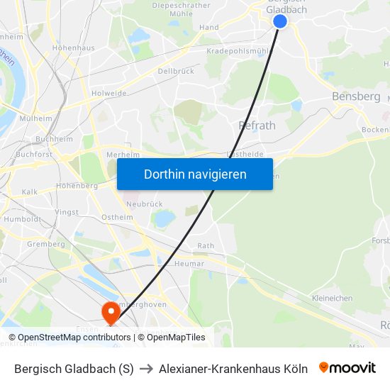 Bergisch Gladbach (S) to Alexianer-Krankenhaus Köln map