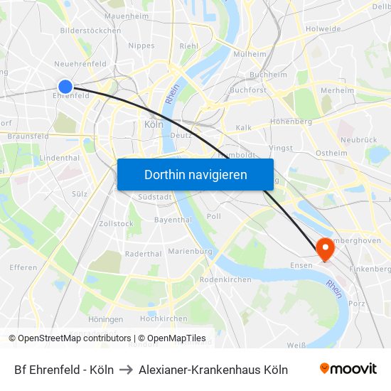 Bf Ehrenfeld - Köln to Alexianer-Krankenhaus Köln map