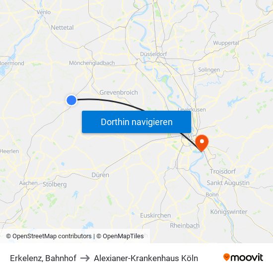 Erkelenz, Bahnhof to Alexianer-Krankenhaus Köln map