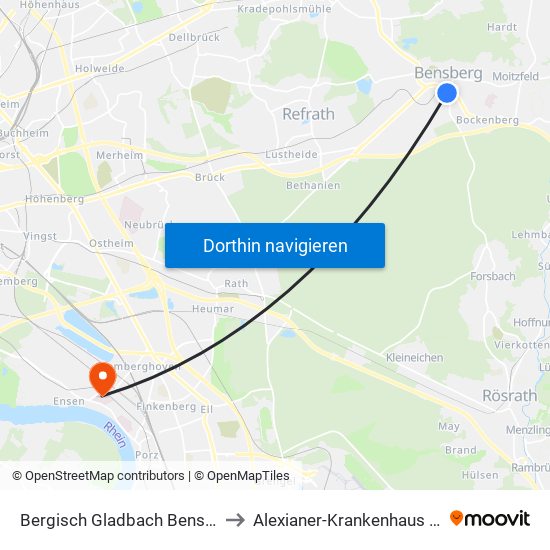 Bergisch Gladbach Bensberg to Alexianer-Krankenhaus Köln map