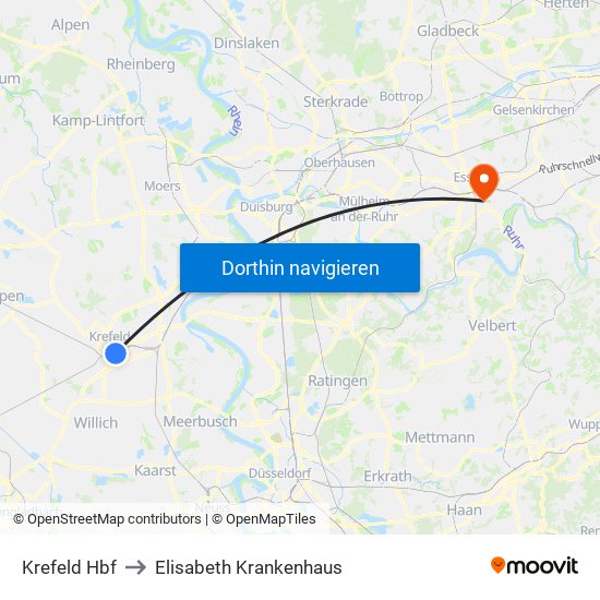 Krefeld Hbf to Elisabeth Krankenhaus map