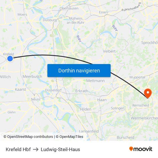 Krefeld Hbf to Ludwig-Steil-Haus map