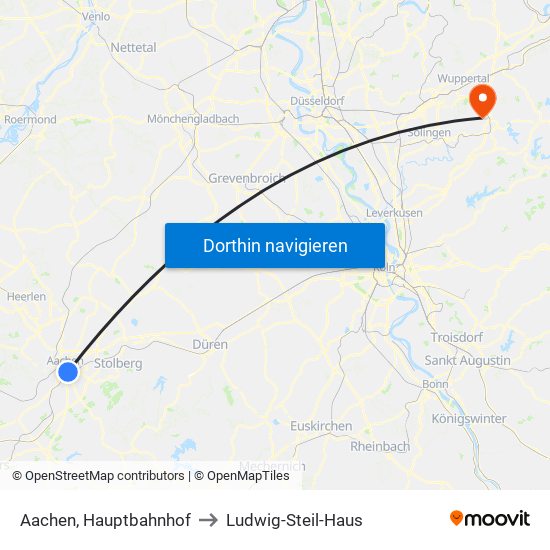 Aachen, Hauptbahnhof to Ludwig-Steil-Haus map